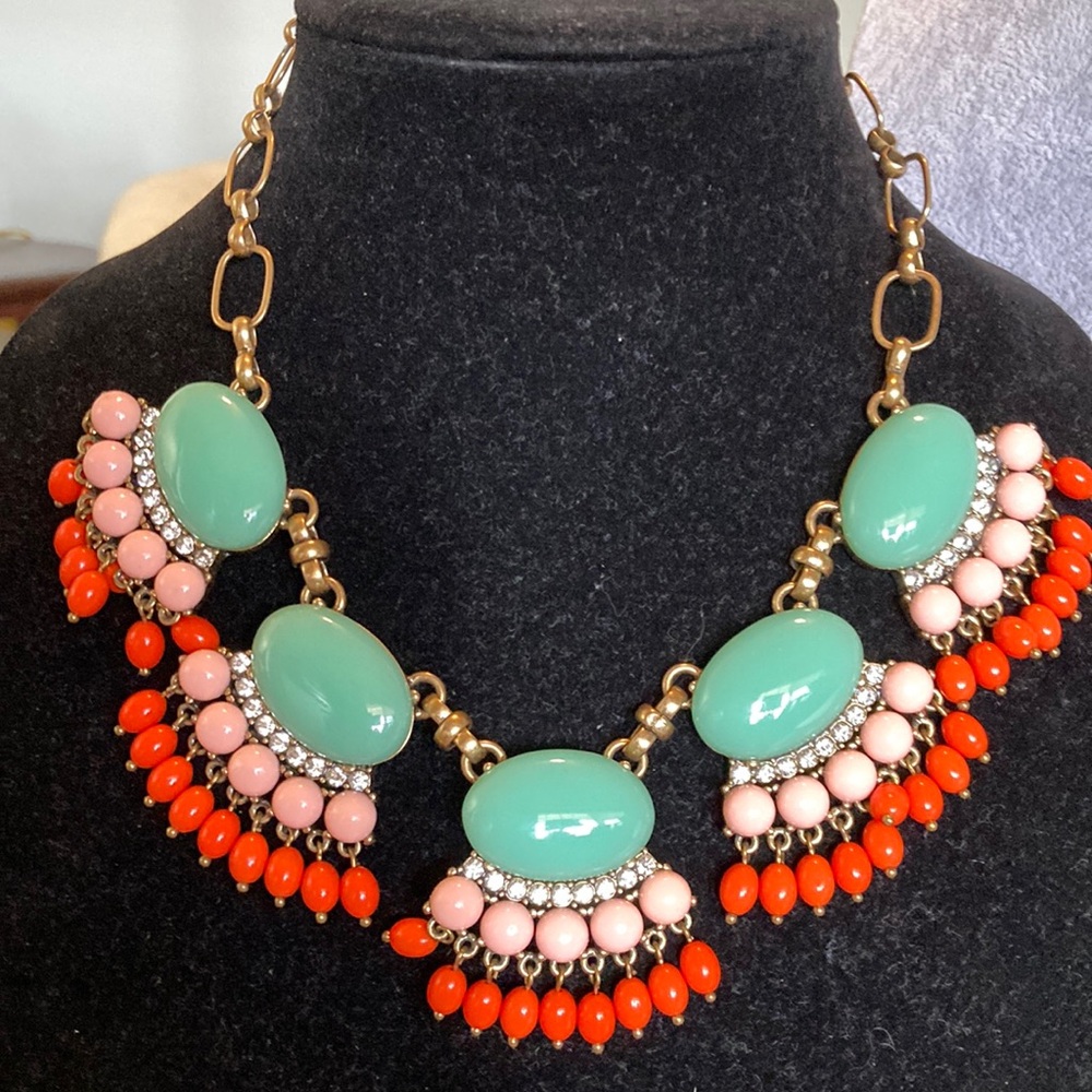 J Crew Statement Mint Green, Coral & Pink Bib Necklace